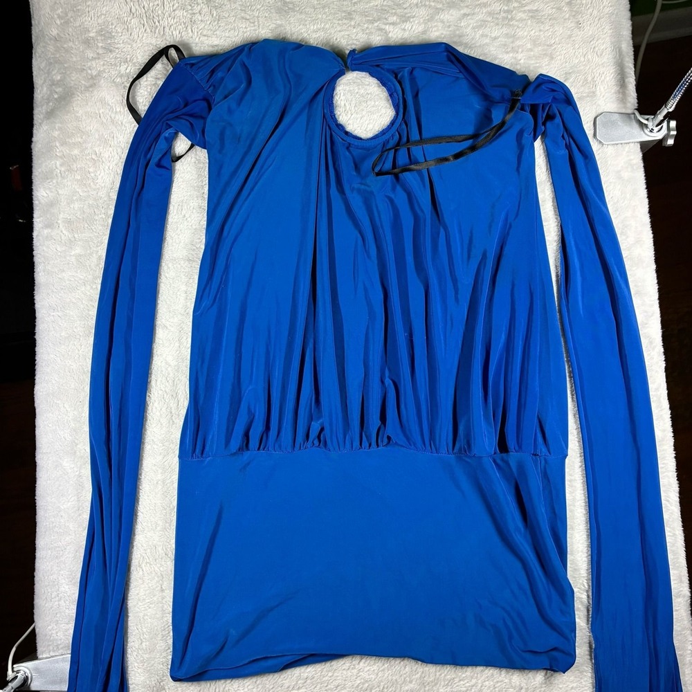 Entry Blue Long Sleeve Keyhole Open Back Pleated Top Large Style D75149